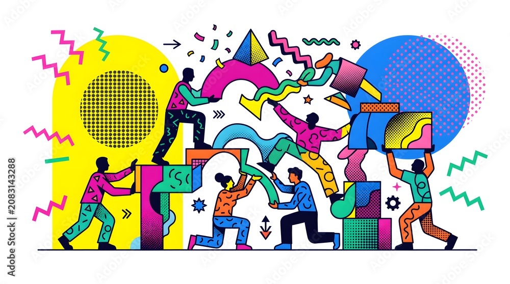 Fototapeta premium Vibrant people, colorful shapes, geometric patterns, playful illustration, modern art