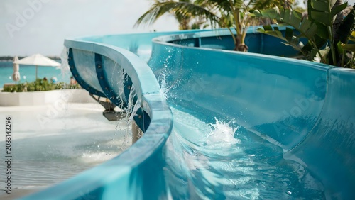 Water movement and summer leisure mood along a blue water slide curve