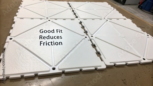 Interlocking Flooring Tiles with Text Highlighting Good Fit and Friction Reduction for Home or Commercial Use