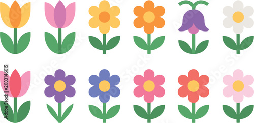 Bild auf Leinwand Colorful minimalist flower icons set with tulips, daisies, and bellflowers geometric floral spring collection vector illustration isolated on white background