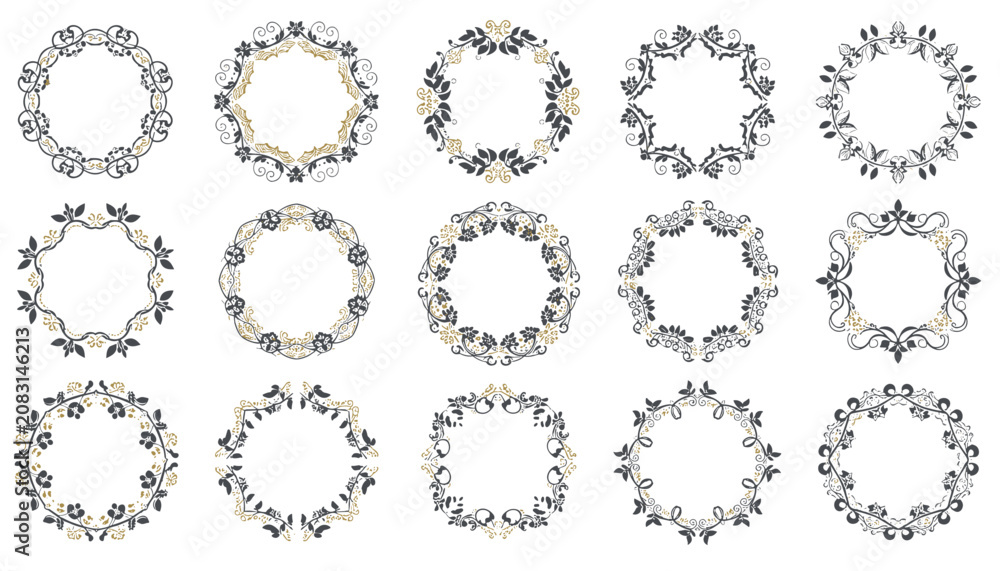 Fototapeta premium Collection of fifteen elegant vintage floral circular frames and decorative borders on a white background.