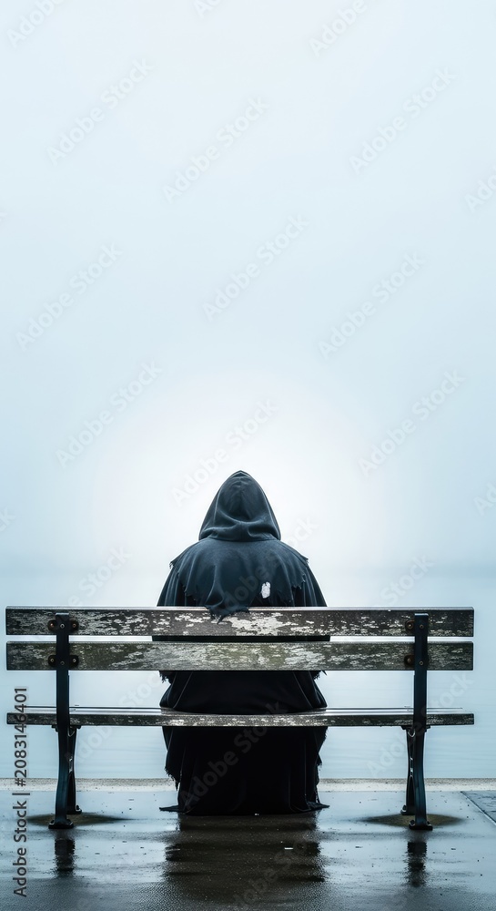 Fototapeta premium A hooded form sits on a weathered bench facing a foggy waterfront. Thick mist obscures the background, conveying a sense of deep solitude, somber, cold, scene