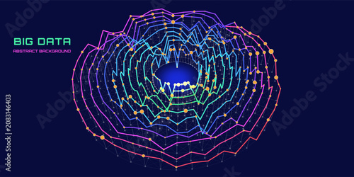 Abstract futuristic graph information computing from color radial  lines with dots  on disk space in dark cyberspace. Complex Big Data analysis processing. 
