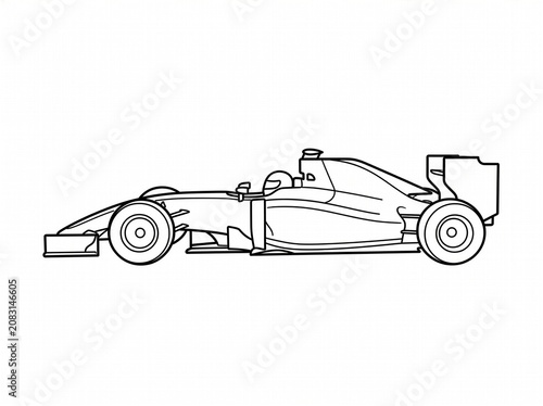 Formula Racing Car Side View Outline Illustration on White Background