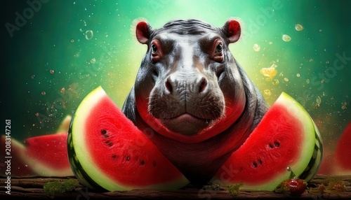A Playful Hippo Enjoys Refreshing Watermelon Slices in a Lush Green Environment.