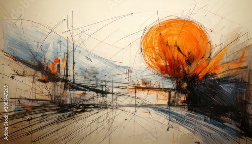 Abstract Watercolor Painting of a Fiery Orange Orb and Cityscape.