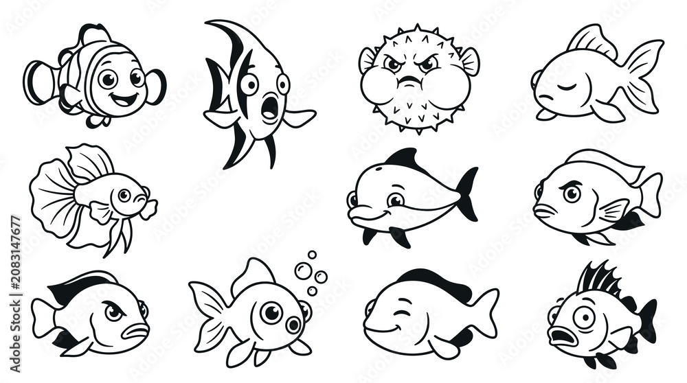 Fototapeta premium Collection of hand-drawn fish illustrations with various expressions, including a grumpy pufferfish, a smiling goldfish, and a worried angelfish