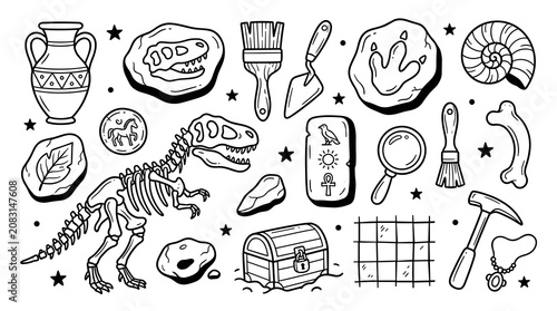 Set of hand-drawn paleo icons including dinosaur skeleton, fossils, ancient amphora, treasure chest, and excavation tools, on a plain background
