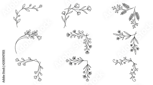 set of nine black floral corner ornaments, small dots and branches, isolated elements, decorative flourish for page design, vintage border accents