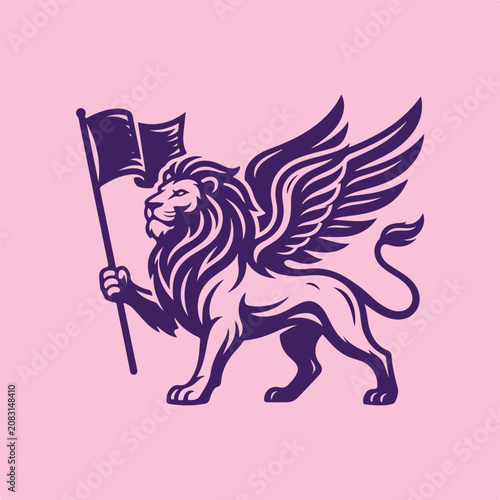 Heraldic Winged Lion Holding a Flag Vector Illustration.