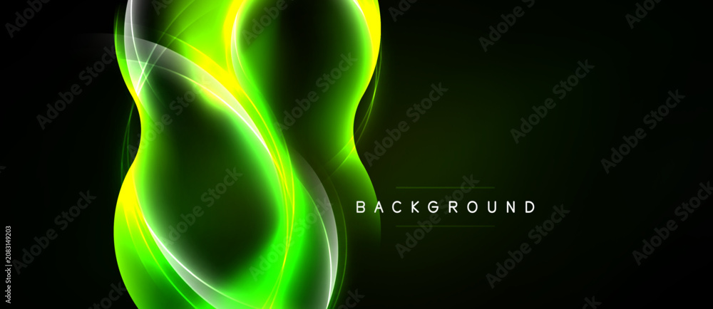 Naklejka premium Abstract neon green shapes over black background. Dynamic curves create flowing, modern visual effect. Simple text label present.