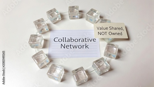 Transparent cubes arranged in a circle around concept card for collaborative network emphasizing shared value approach