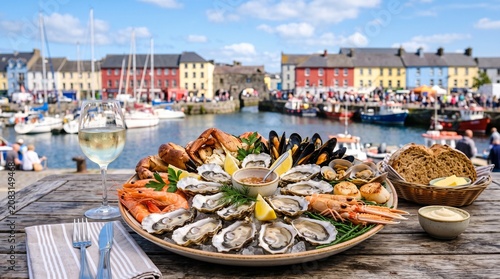 Galway International Oyster Festival, a seafood platter arranged on an outdoor wooden table, background of a scenic blurred Galway harbor with colorful coastal buildings and a blue sky