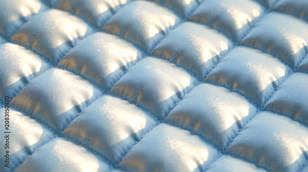 Fototapeta premium Light Blue Quilted Fabric Texture Background | Puffy Satin Material with Geometric Padding | Abstract Down Jacket Insulation Surface | Soft Pastel Blue Upholstery Pattern | Luxurious Shiny Textile