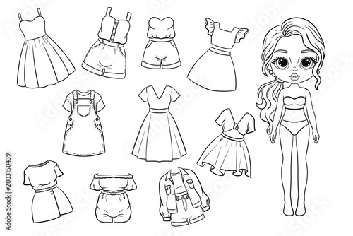 Konstfotografi Cute paper doll coloring page with outfits