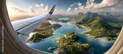Serene View from an Airplane Wing Over Tropical Island Landscape