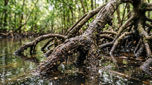 Close-up of mangrove roots in water.
