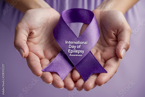Banner poster card International Day of Epilepsy awareness with symbol purple ribbon AI Generative