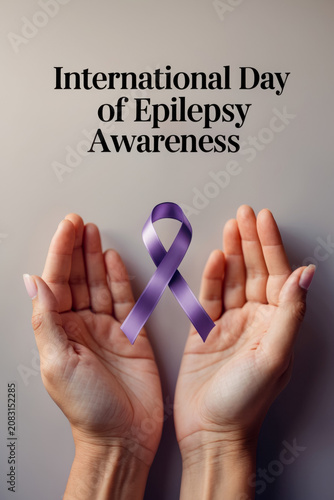 Banner poster card International Day of Epilepsy awareness with symbol purple ribbon AI Generative