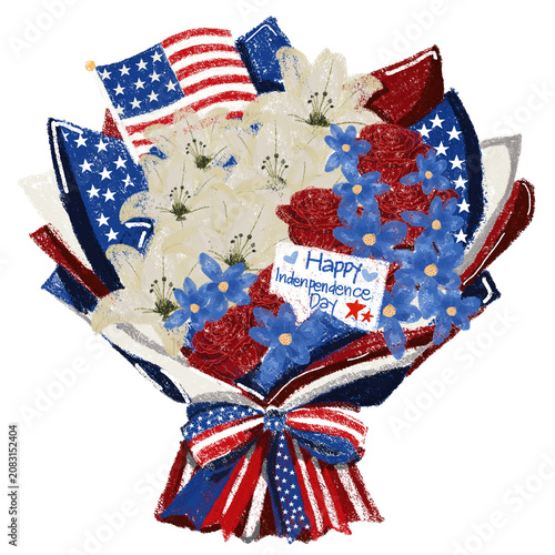 American Patriotic Flower Bouquet with Red White Blue Ribbon 