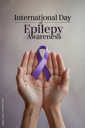 Banner poster card International Day of Epilepsy awareness with symbol purple ribbon AI Generative