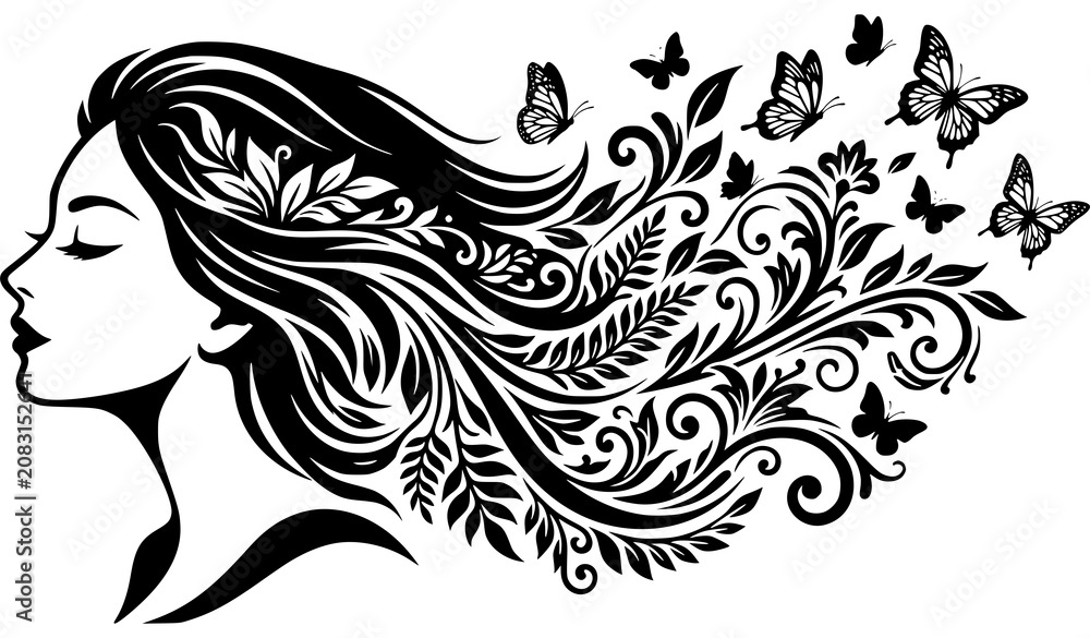 Fototapeta premium Elegant Woman Face with Flowing Floral Hair, Butterflies and Decorative Black Silhouette Vector Collection