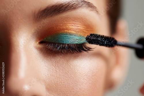 Applying mascara to colorful eye makeup