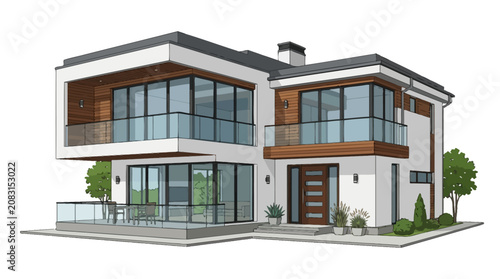Modern Two-Story Luxury House Vector Illustration
