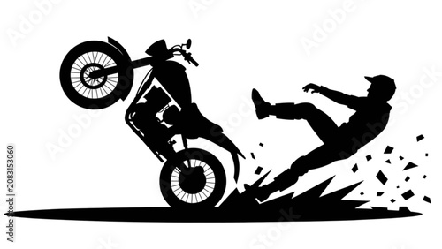 Fotografía Motorcyclist performing wheelie stunt with dirt flying around Vector