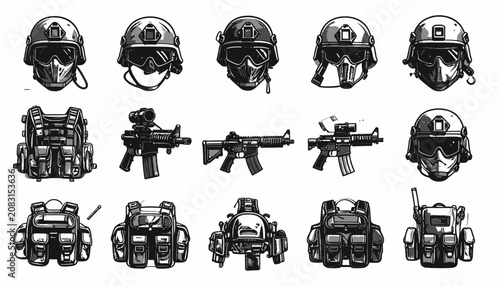 Tableau sur toile Military helmets and combat gear.