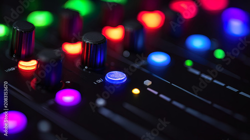 producer. Sleek music mixer with glowing controls under atmospheric club lighting and vibrant color accents. product launch decks.

