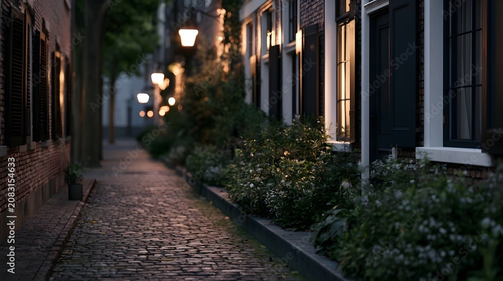 Fototapeta premium A narrow cobblestone alleyway lined with brick buildings and glowing under soft evening light