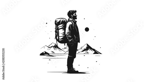 Man wearing backpack standing alone outdoors.