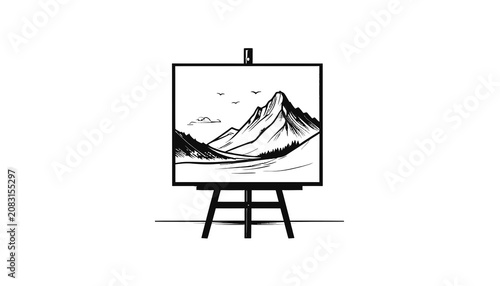 Black and white mountain landscape painting.