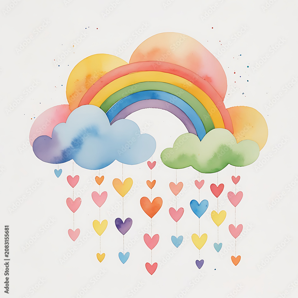 Naklejka premium Vibrant rainbow arching between fluffy pastel clouds with a gentle rain of colorful hanging hearts, perfect for cute nursery wall art or children's greeting cards.