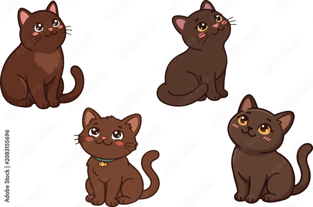 Fototapeta premium Cute brown cats sticker bundle in kawaii style vector