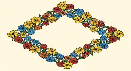 Floral diamond shape frame design with colorful botanical motifs, botanical