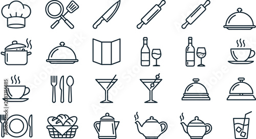 Restaurant and kitchen outline icon collection featuring cookware tableware chef tools beverages and food service symbols vector illustration set