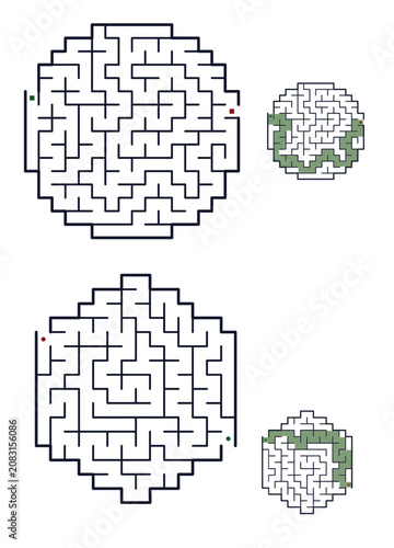 circle_labyrinth_maze, Maze designs with circular and irregular shapes in black outline  