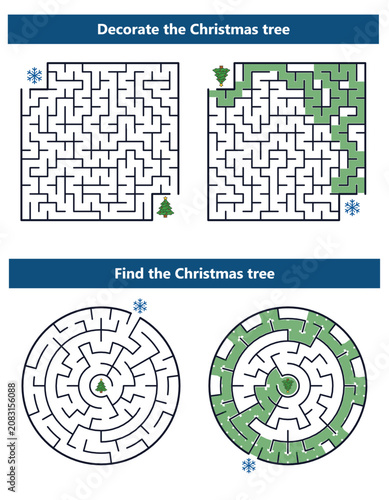 Find_the_Christmas_tree_maze, Christmas-themed maze puzzles for kids to solve  