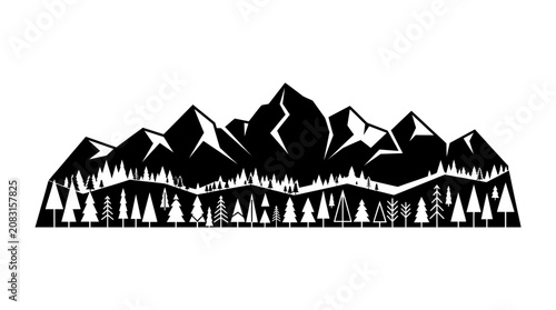 Photos A minimalist illustration of mountains and trees in clean lines at sunrise
