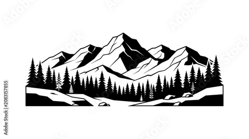 Snow-capped mountains stand tall with pine trees circularly arranged under a sunny sky