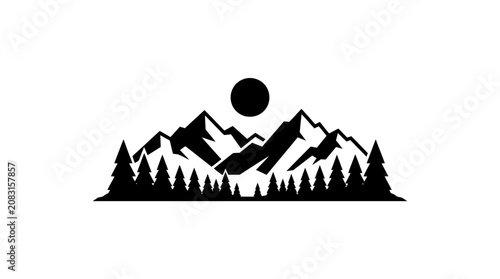 A serene mountain landscape with trees and a sun silhouette