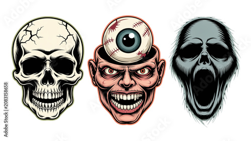 Φωτογραφία Three stylized skull faces with different expressions in a minimalist design Vec