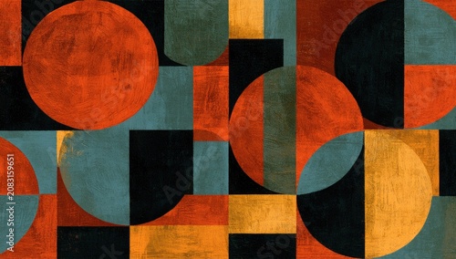 Textured geometric pattern with circles, squares, and arcs in muted earth tones