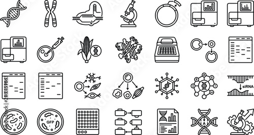 Tableau sur toile Biotechnology and Genetic Engineering Line Icon Set Featuring DNA RNA Lab Equipm