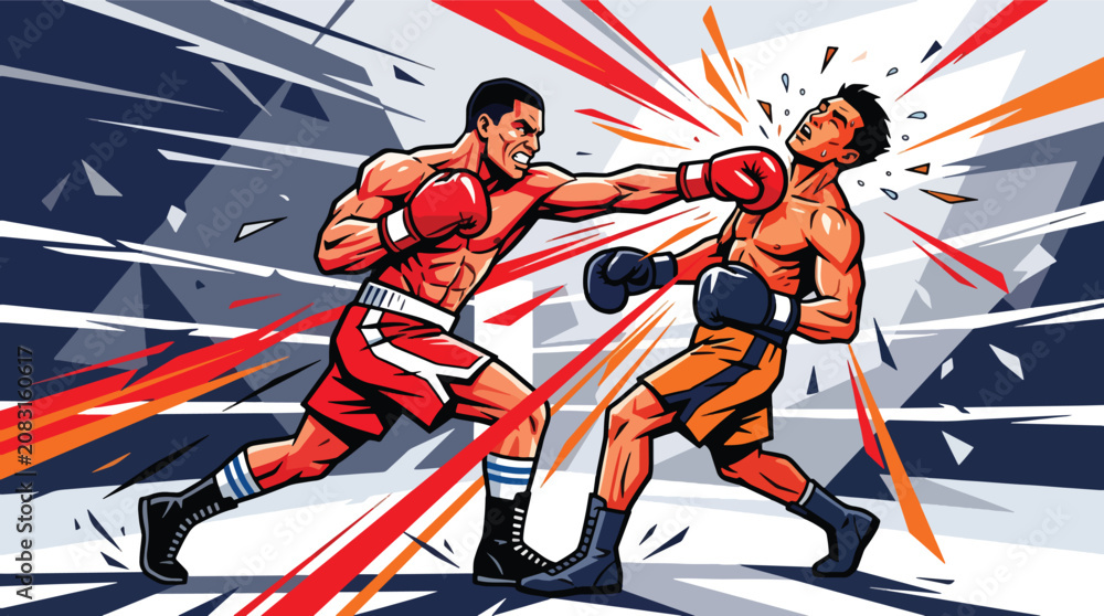 Fototapeta premium Flat style vector illustration of boxer landing a powerful punch with intense action and dynamic geometric design. Perfect for sport poster, boxing event promotion and fitness branding