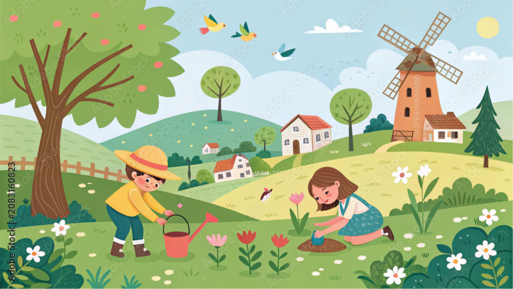 Naklejka premium Children Planting Trees and Flowers in a Rural Garden Landscape Illustration