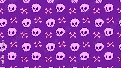 Looping seamless 2D cartoon animation pattern. Purple background with hand-drawn animated skulls and bones. Perfect for a Halloween stream waiting screen, screensavers or intro video.