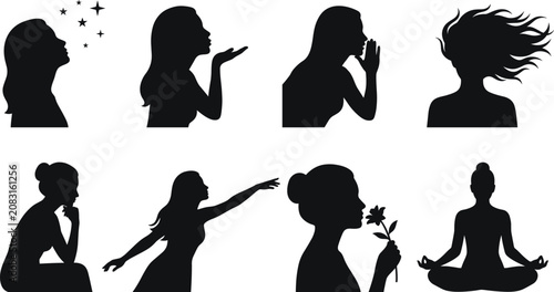 Foto Set of solid black high contrast female silhouettes expressing various emotions